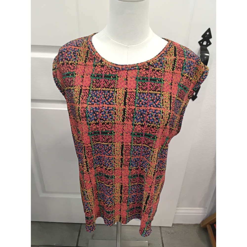 Plisse Women 2X Multicolor Abstract Plaid Micro Pleated Short Sleeve Blouse Top